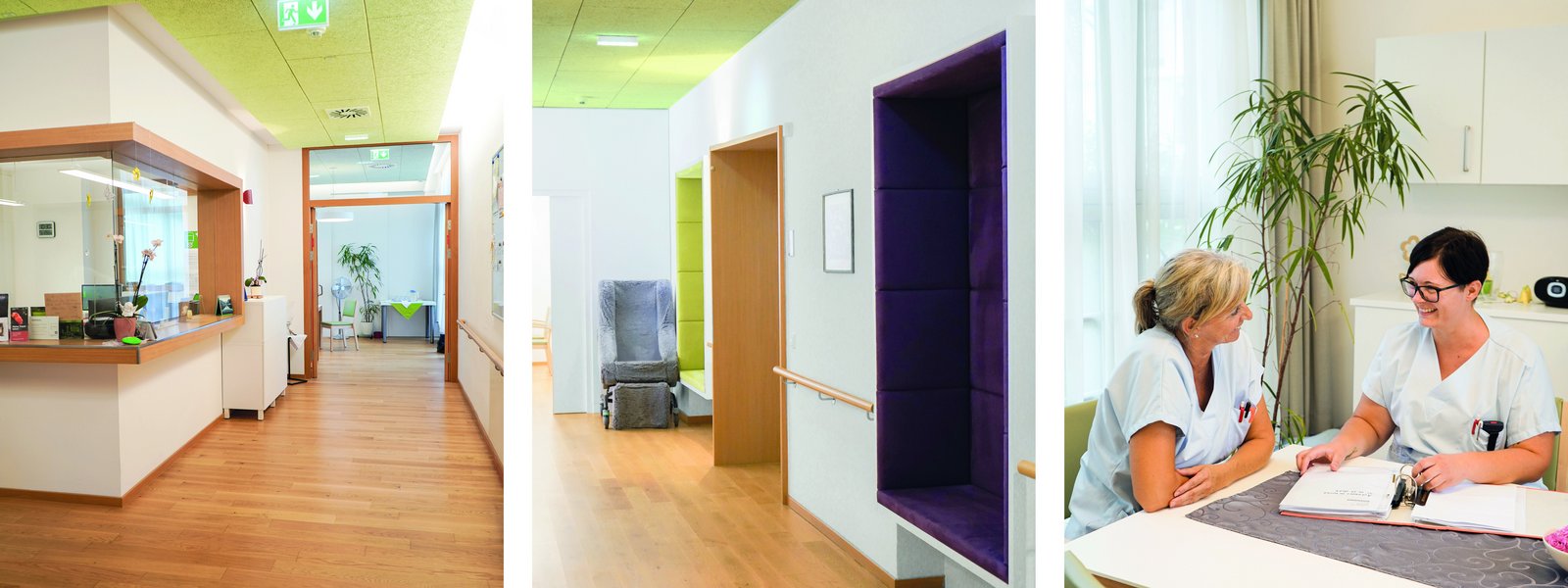 Die Station und zwei Mtiarbeiter*innen, die sich unterhalten.